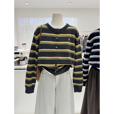 卡通小马图案条纹拼色毛衣外套