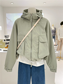 韩系春秋新款 宽松百搭拉链风衣连帽外套女休闲夹克上衣 小众短款