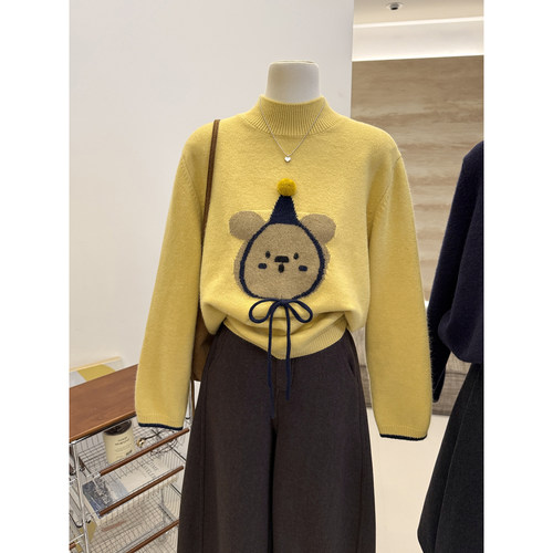 半高领卡通小熊毛衣女软糯针织