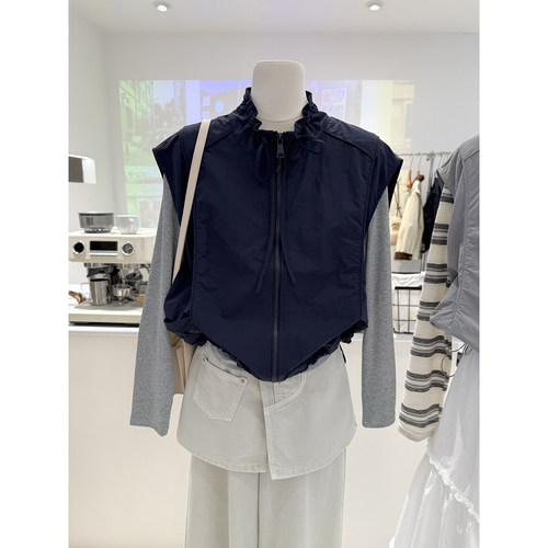 春季宽松立领拉链工装马甲女外套