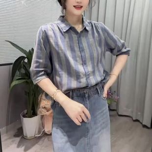 春秋款竖条纹polo领文艺复古衬衫女宽松显瘦中袖衬衣宽条打底上衣