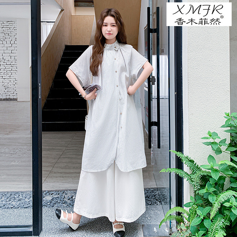 夏季新款日系文艺条纹短袖连衣裙套装女棉麻设计感阔腿裤两件套潮