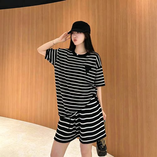 FeiFei高端定制 夏季薄款黑白条纹宽松短袖T恤短裤休闲两件套女