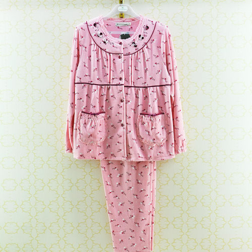 圆领印花开衫针织剪绒睡衣秋鹿女