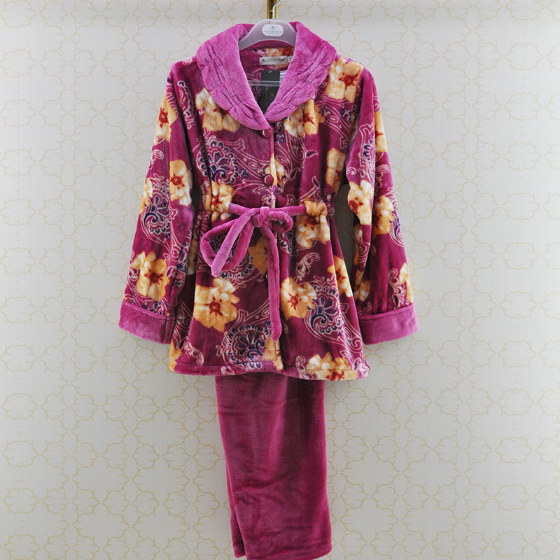 保暖丝绵绒睡衣秋鹿秋冬青果领女