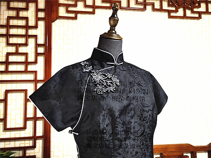 黑色提花重磅真丝手工旗袍定制