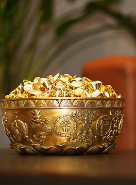 铜欣祥聚宝盆摆件黄铜家用玄关装饰工艺礼品摆饰存钱罐黄铜财米缸
