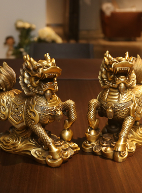 铜欣祥黄铜麒麟摆件装饰品玄关一对家居工艺品电视柜客厅新疆包邮
