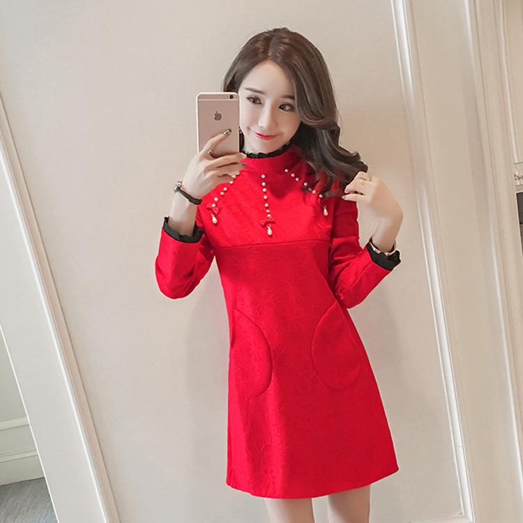 春秋新款修身显瘦孕妇连衣裙中长款时尚小香风绣花可哺乳打底裙a