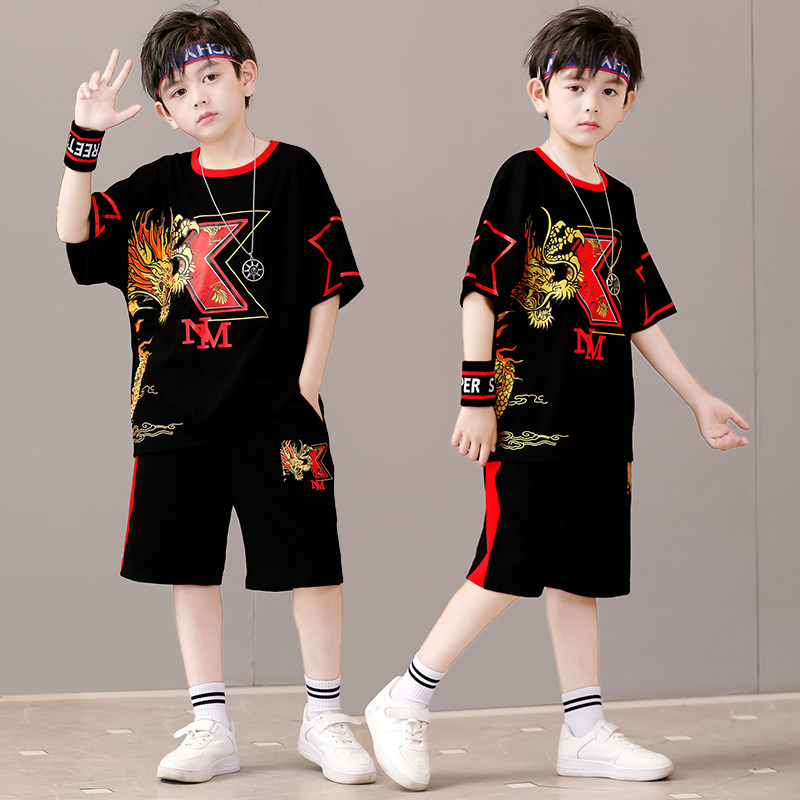 儿童套装男童2024新款夏季潮牌韩版运动嘻哈帅时髦黑色小男孩衣服