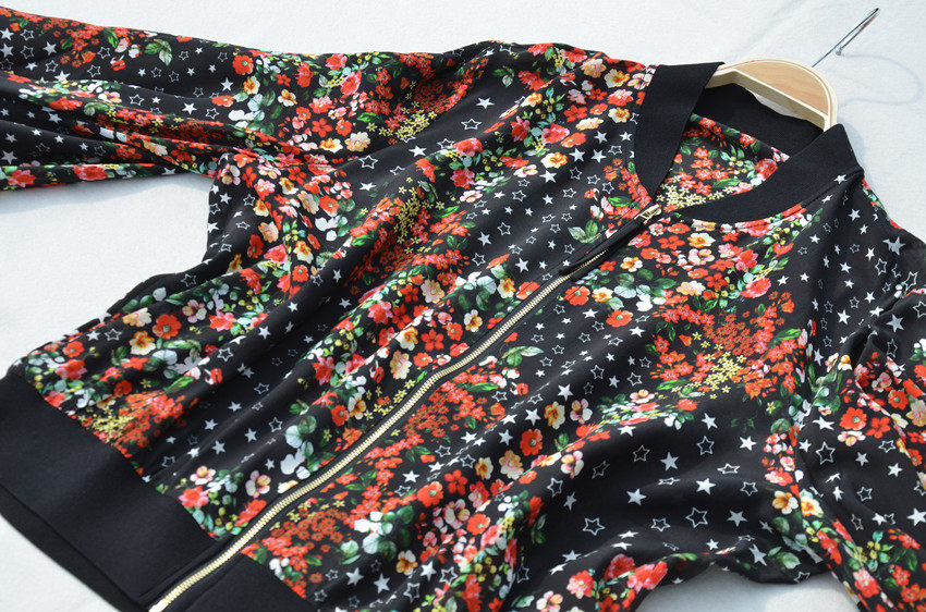 欧美时尚棒球服女夏真丝开衫薄外套星星碎花桑蚕丝长袖上衣防晒衣