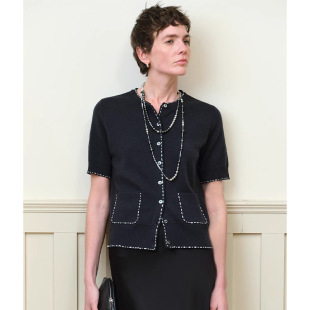 同款 马甲 航线手工不规则缝线描边撞色小香风圆领针织开衫