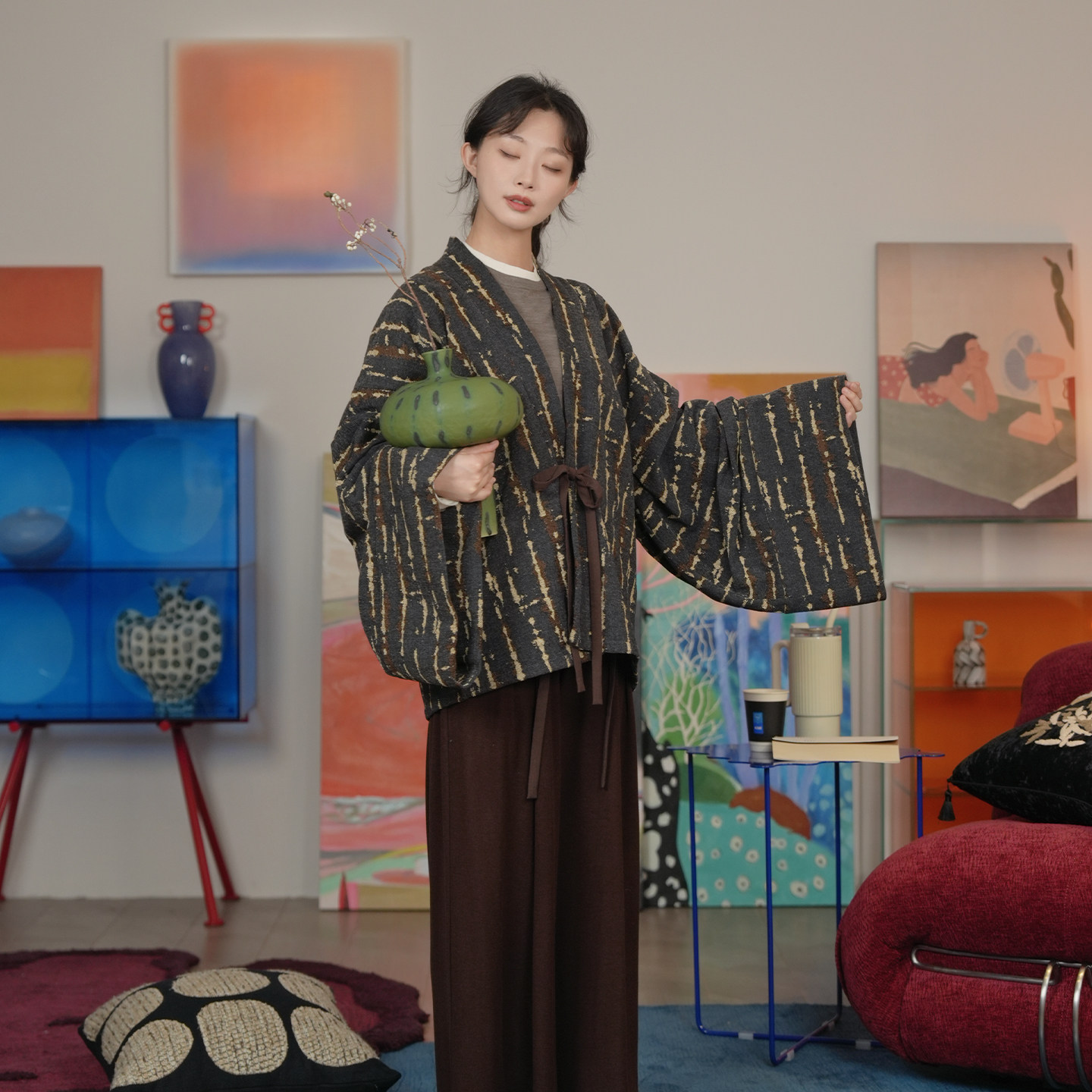 谜阿凰【檀木棕】汉元素阔腿裤秋冬原创国风改良松紧腰女裤日常款,女装/女士精品,汉服裤装,淘宝优惠券,粉丝福利购,淘宝优惠卷