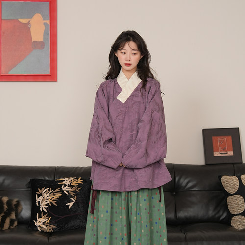谜阿凰明制交领弓袋袖汉服紫上衣