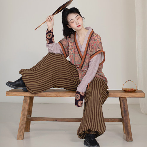 谜阿凰汉元素条纹阔腿裤女透气