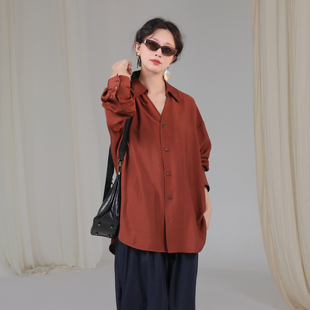 棕红衬衫 新款 新中式 素上衣女2025秋季 日常宽松 原创汉元 谜阿凰