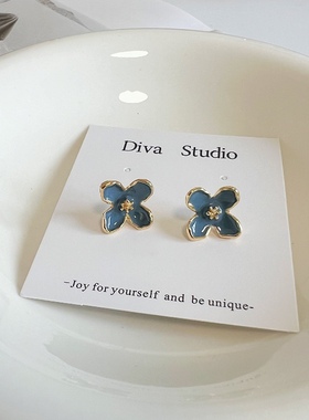 莫奈花园 法式复古宫廷风 莫兰迪蓝 雾蓝色珐琅花朵耳钉 三月新