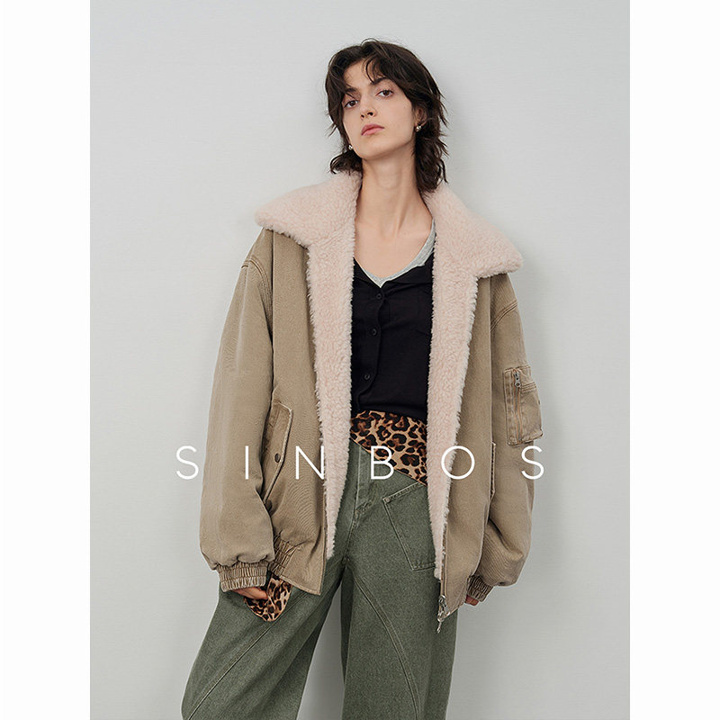 【天天yoko&SINBOS】SINBOS凛冬 环保酵洗牛仔外套女冬季羊羔毛
