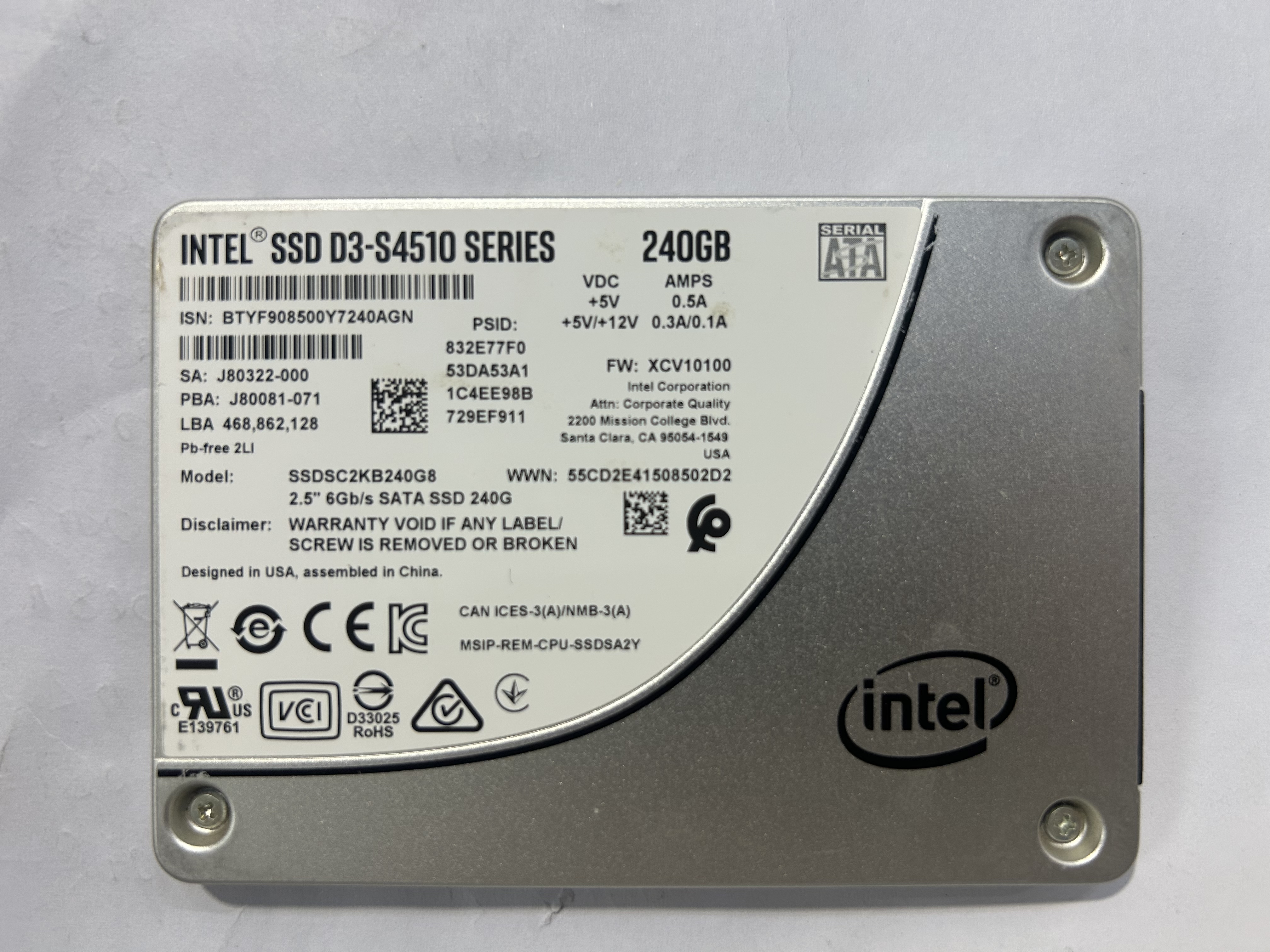 英特尔S4510 240G S4610 S4600 240GB固态硬盘SSDSC2KG240G8 2KB