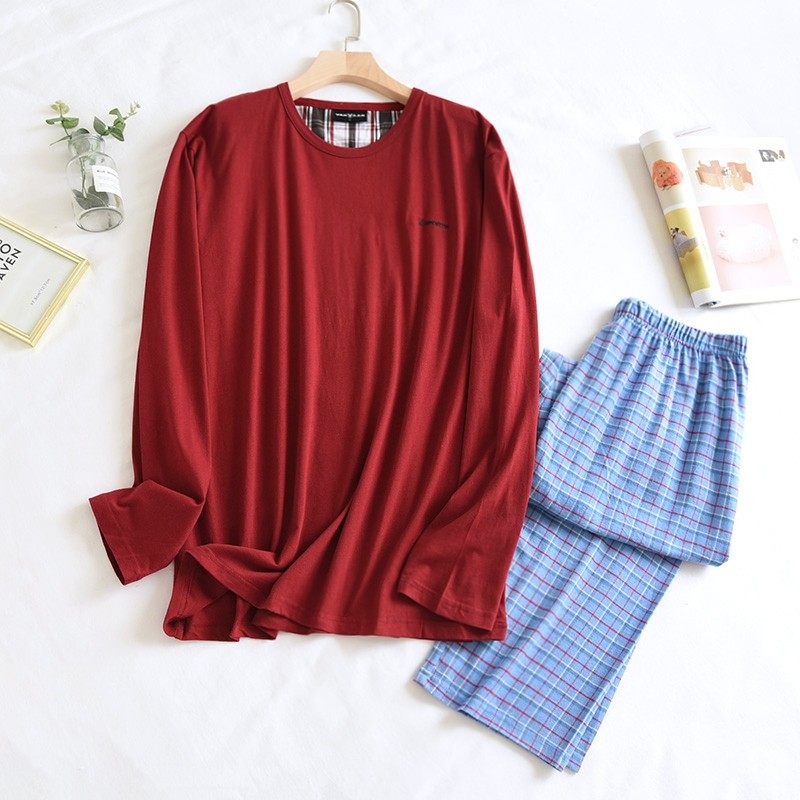 男纯棉睡衣长袖长裤圆领套头家居服针织上衣格子磨毛长裤欧美简约 - 志愿者乐淘外贸出品