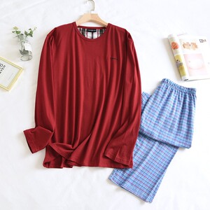 男纯棉睡衣长袖长裤圆领套头家居服针织上衣格子磨毛长裤欧美简约