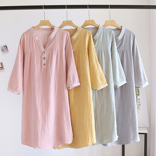 女纯棉纱布睡裙九分袖家居裙双层纱中长款格子休闲简约柔软舒适