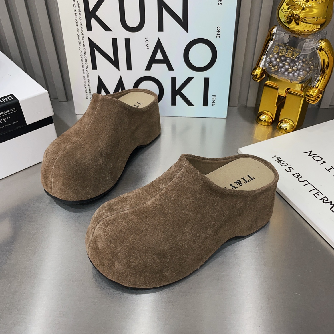 磨砂真皮松糕厚底大头勃肯鞋女复古真皮增高一脚蹬懒人包头半拖鞋