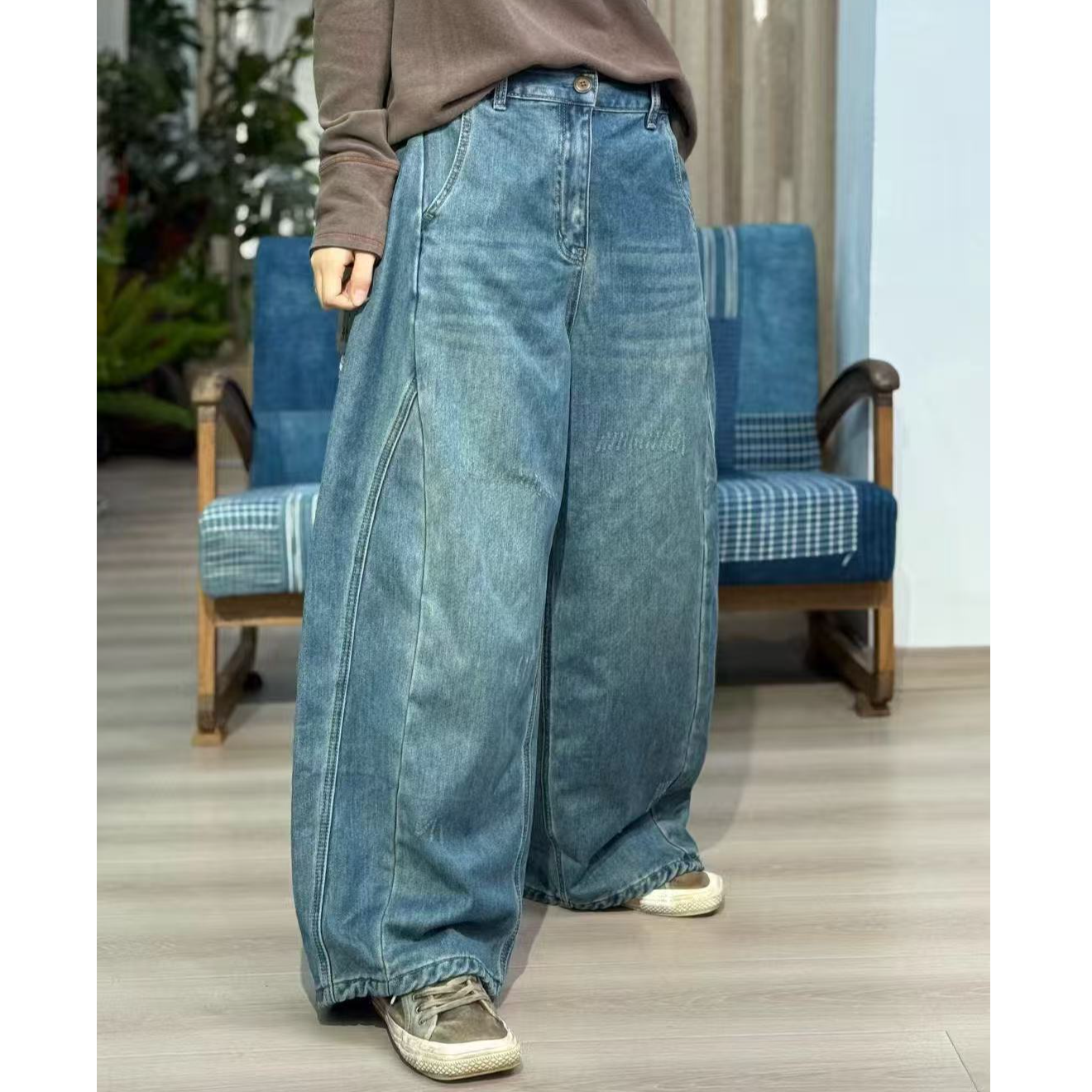 （身高158体重100斤往上拍）磨毛慵懒风牛仔休闲长裤252512