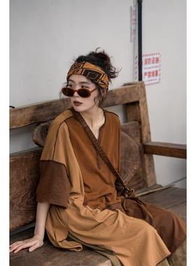 疯子张纯棉撞色针织长衫08495