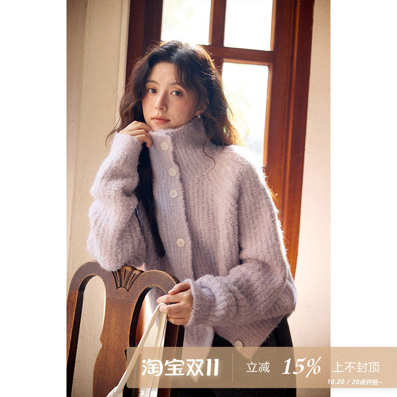 夕蒙2026新款秋冬韩系紫色高领毛衣开衫外套女慵懒松弛宽松针织衫