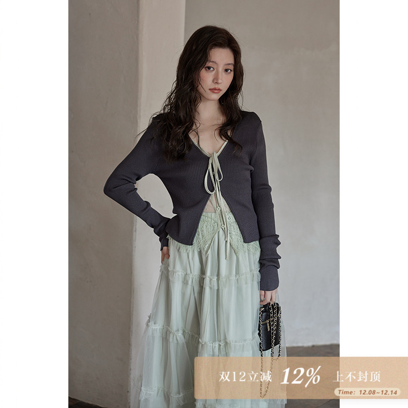 夕蒙2025新款春秋韩系时尚洋气上衣别致独特薄款长袖假两件针织衫
