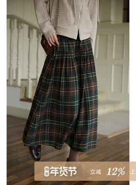 夕蒙2025新款秋冬韩系裙子小个子巨好看小众高级绿色格纹半身裙女