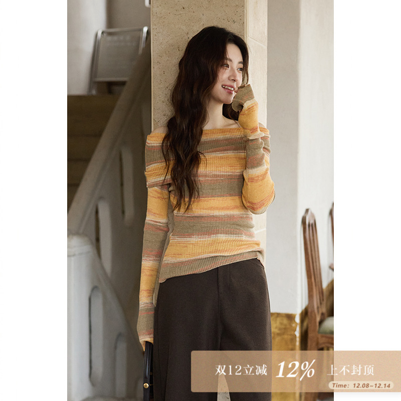 夕蒙2025新款秋绝美巨好看上衣小个子独特修身高级橘色条纹针织衫