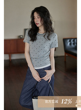 夕蒙2026新款夏季小个子短袖内搭纯棉气质内搭灰色正肩t恤上衣女