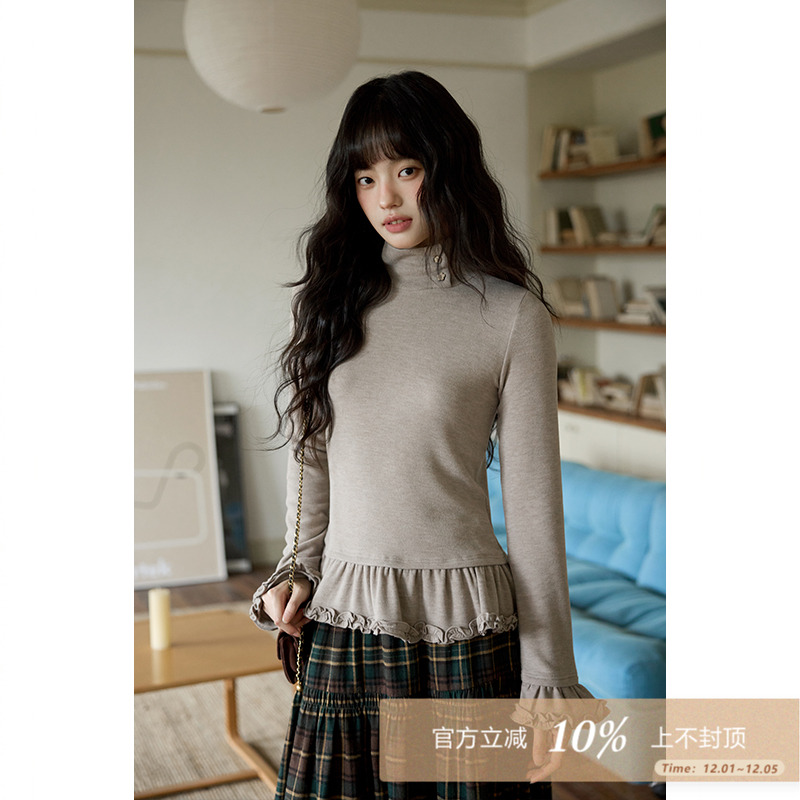 夕蒙2025新款冬季韩系打底衫上衣设计感高级小个子荷叶边长袖t恤