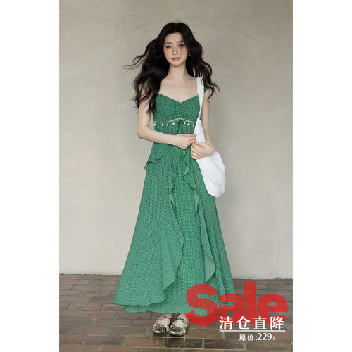 【夏末清仓】夏季韩系绝美裙子海边度假绿色荷叶边长款吊带连衣裙