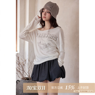 夕蒙2025新款 t恤 早秋韩系慵懒松弛感上衣设计感露肩白色斜肩长袖