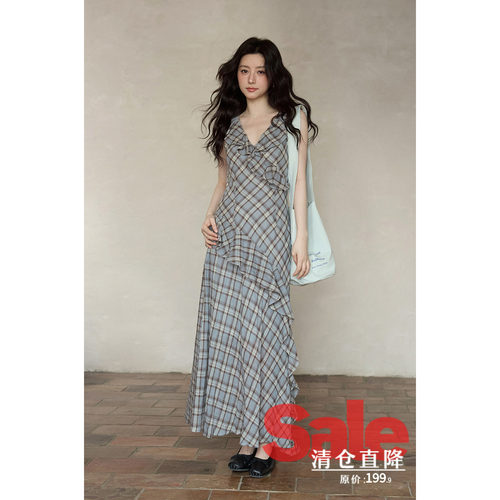 【夏末清仓】夏季韩系气质裙子海边度假荷叶边长款v领格纹连衣裙