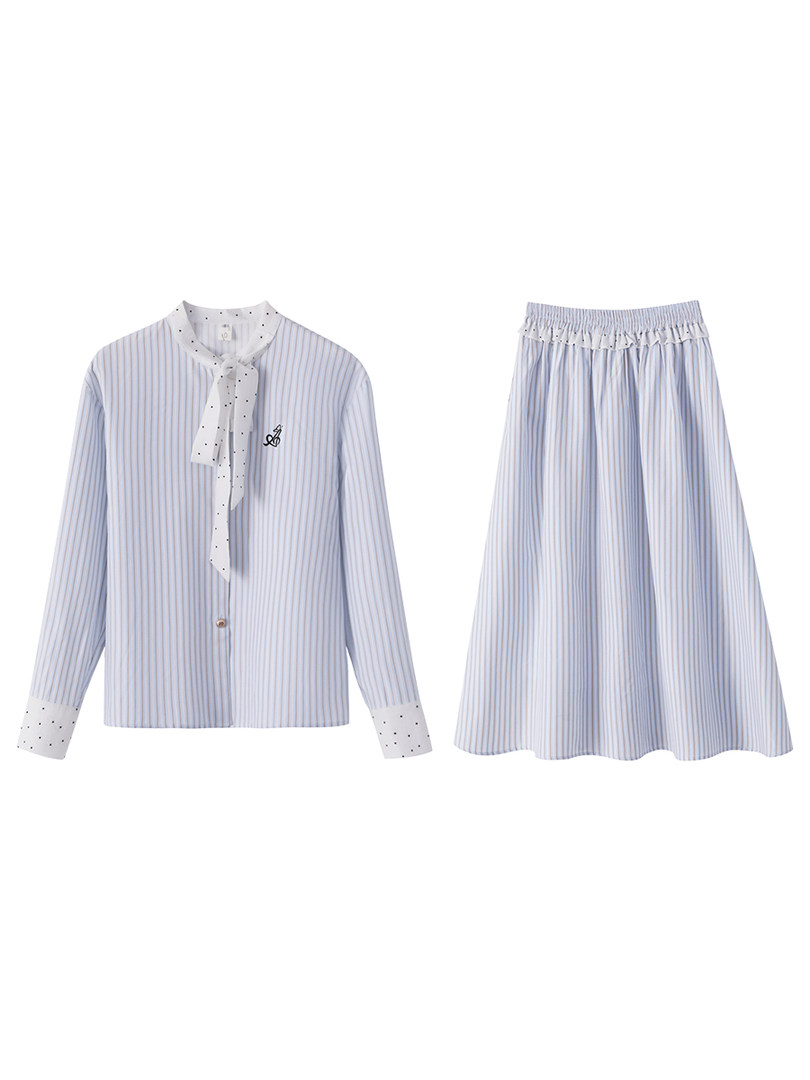 Light blue striped blouse and matching skirt set laid flat on a white background