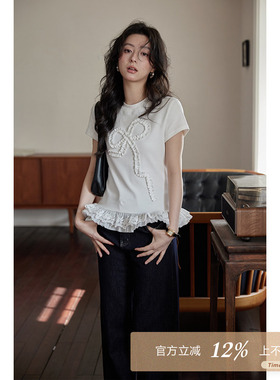 夕蒙2026新款春韩系高级短款小众上衣小个子白色蕾丝拼接短袖t恤