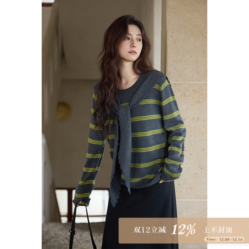 夕蒙2025新款秋韩系气质上衣小个子独特别致小众条纹灰绿色针织衫