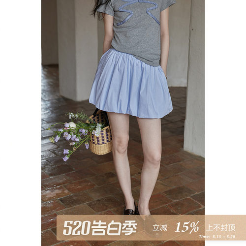 夕蒙2026夏蓝色法式休闲短款设计感小众高腰显瘦a字半身裙女