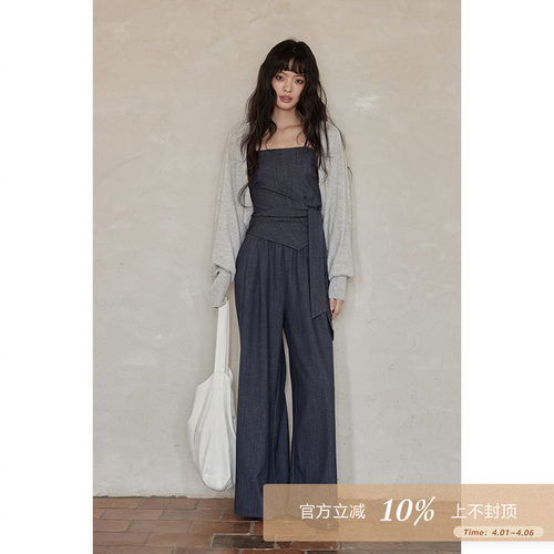 夕蒙2026新款春季韩系小个子小众独特高级针织上衣吊带裤子三件套