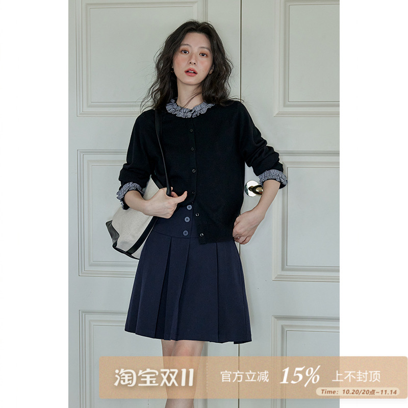 95折/夕蒙2025秋百搭外套上衣慵懒感洋气小众黑色拼接针织开衫女