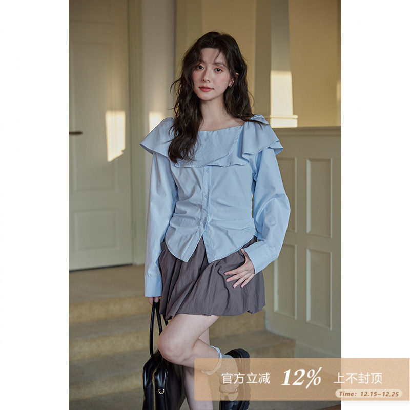 夕蒙2025新款秋法式气质独特绝美上衣小个子设计感小众一字肩衬衫