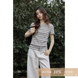 夕蒙2026新款 t恤 春夏韩系chic上衣纽扣小众圆领灰色条纹正肩短袖