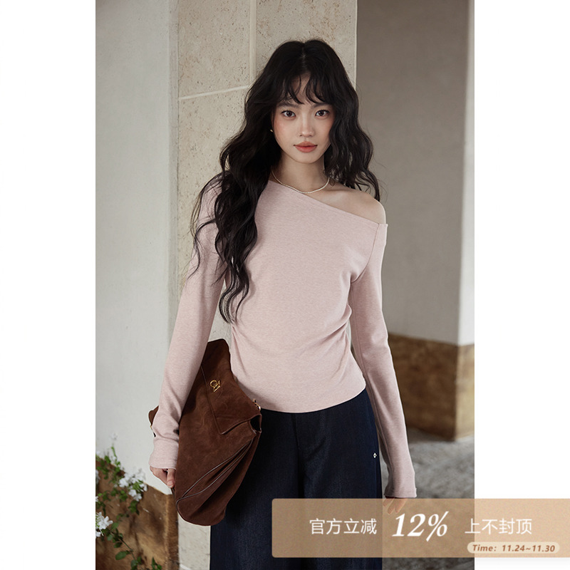 夕蒙2025新款秋季韩系高级感chic别致上衣斜肩粉色长袖t恤女