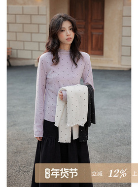 夕蒙2025新款冬季韩系气质内搭打底衫上衣小个子波点套头长袖t恤
