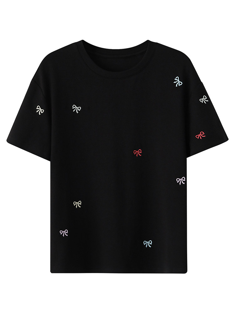 Black short-sleeve t-shirt with small bow prints on a white background