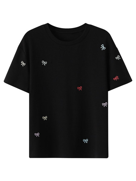 Black short-sleeve t-shirt with small bow prints on a white background